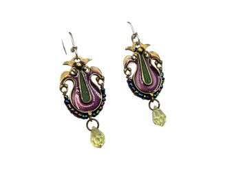 Vintage Enamel Dangle Earrings with Yellow Glass Bead Drop Signed