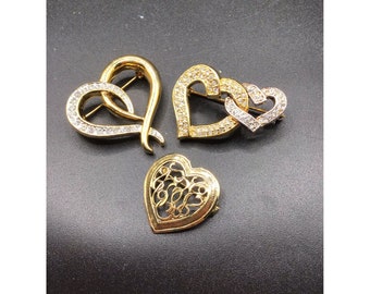 Heart Brooches Collection Set of 3 Gold Tone & Rhinestones Love Romantic Pins