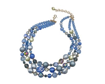 Signed MADE IN ITALY Triple Strand Glass Necklace Blue Beads Vintage Coppola E Toppo