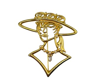 JJ Woman With Hat Pin Brooch Gold Tone Outlined Design Face With Pearl Dangle