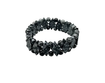 Beaded Snowflake Obsidian Stretch Bracelet Geometric Genuine Semi Precious Stone