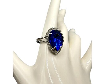 Blue Teardrop Rhinestone Ring with Adjustable Band Statement Costume Ring