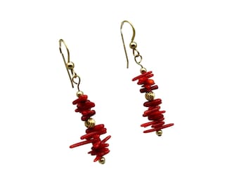 Vintage Branch Coral Earrings Red Coral Chip beaded Pierced Dangles Drops