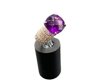 Amethyst Ring Size 5.75 Sterling Silver CZ Pave Raised Faceted Cocktail Ring