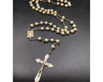 Faux Pearls Rosary Necklace Paulus VI Pont Max Marked Roma Silver Tone Cross