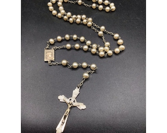 Faux Pearls Rosary Necklace Paulus VI Pont Max Marked Roma Silver Tone Cross