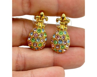 Vintage Signed Joan Rivers Eggs Earrings Pastel Rhinestones Golden Fleur De Lis