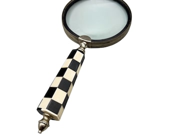 Vintage Decorative Handheld Magnifying Glass Black And White Checkered Pattern Faceted Handle