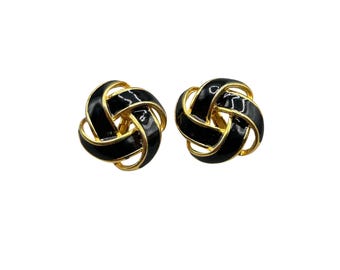 NApier Clip On Earrings Black Enamel Knots On Gold Tone Metal