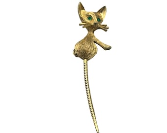 Vintage Cute Cat Kitten Pin Brooch Long Dangling Tail Gold Tone and Green Eyes