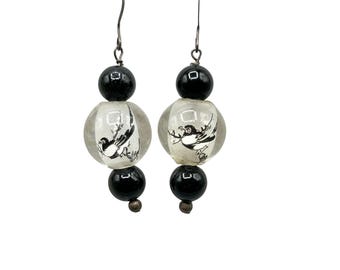 Reverse Painted Chinese Beads Dangle Earrings Black And White Birds Vintage
