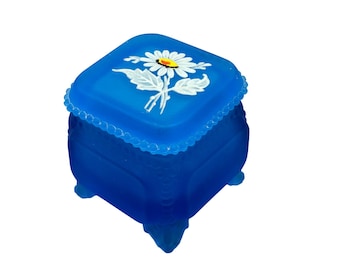 Vintage Trinket Jewelry Box Westmoreland Daisy Blue Mist Satin Glass Footed