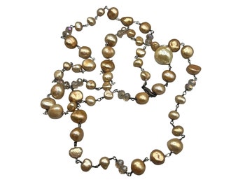 Handcrafted Sterling Silver Long Necklace with Genuine Golden Pearls & Crystals
