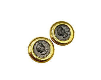 Vintage Face Design Coin Clip On Earrings Antiqued Silver and Shiny Gold Tone