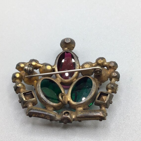 Vintage Crown Brooch Red Green Glass Stones Older… - image 7