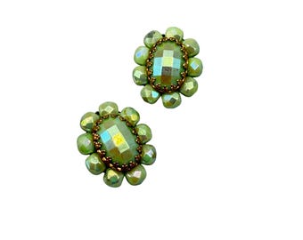 Vintage Clip On Earrings Green Faceted Beaded Clips Aurora Borealis Green