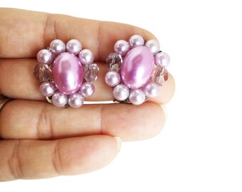Purple Clip On Clusters Earrings Vintage Beaded Silver Tone Setting Lightweight