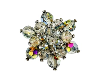Vintage Beaded Brooch AB Aurora Borealis Cluster of Glass Beads Smokey Color