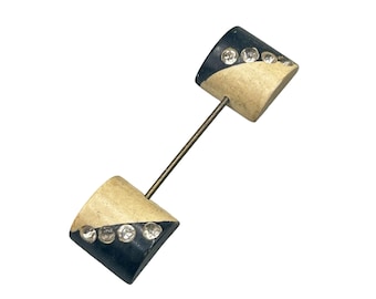 Vintage Black & Beige Jabot Pin with Rhinestone Accents Square Ends