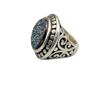 Sterling Silver and Druzy Stone Ring Size 8 Round Top Chunky Statement Jewelry