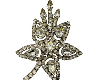 Signed KRAMER Vintage Rhinestones Star Flower Brooch Clear Stones All Prong Set