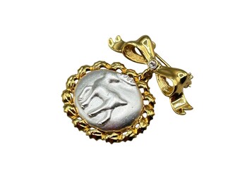 MONET Christmas Reindeer Pin Brooch Bow With Dangling Medal Gold And Silver