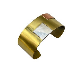 Vintage Modernist Cuff Bracelet Mixed Metals Brass Copper Silver Geometric Design