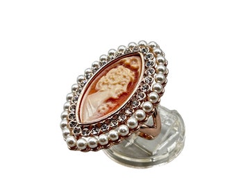 Amedeo Cameo Ring Marquise Shaped Carved Genuine Cameo with Faux Pearls Size 8