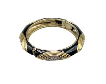 Vogue Bijoux Hinged Bangle Bracelet Black Enamel & Rhinestones Designer Jewelry