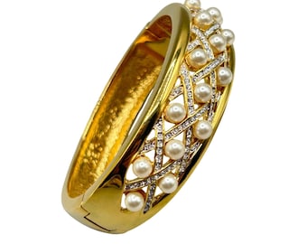Vintage JBK Hinged Bangle Bracelet Faux Pearls And Rhinestones Camrose And Kross Jacqueline Kennedy