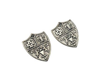 Vintage Shield Clip On Earrings Antique Silver Tone Crest Emblem Coat of Arms