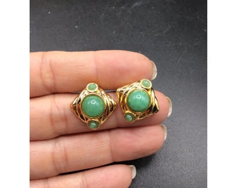 Vintage Green Aventurine Earrings Semi Precious Stone Gold Tone Fashion Earrings