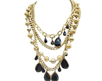 Black & Gold Multi Chain Necklace Vintage 90s Fashion Jewelry Acrylic Stones