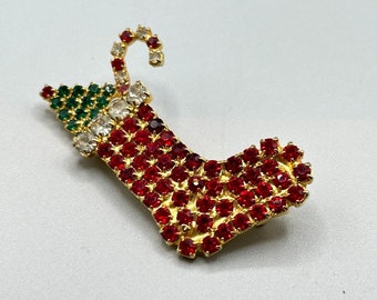 Vintage Rhinestones Christmas Holiday Stocking Brooch All Prong Set Colorful Pin