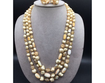 Japan Signed Triple Strand Bead Necklace & Clip On Earrings Set Pale Yellow Tone