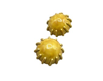 Vintage Sandor Enameled Clip On Earrings with Sunburst Design Yellow & Gold Tone