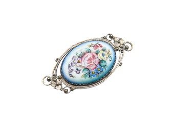 Vintage Antique Russian Finfit Floral Enamel Pin Brooch Hand Painted Roses