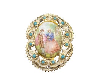 Vintage UNSIGNED Florenza Pin Brooch Pendant With Courting Scene Cameo