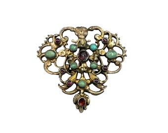 Antique AUSTRO HUNGARIAN Pin Brooch And Pendant Genuine Turquoise And Garnets Sterling Silver