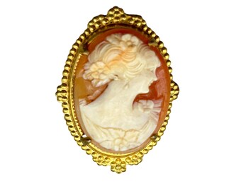 Vintage Genuine Carved Cameo Pin Brooch Carved Shell Lady Cameo Gold Tone Frame