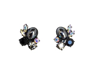 Hematite Color Rhinestones Earrings Clip On Vintage Jewelry Costume Earrings