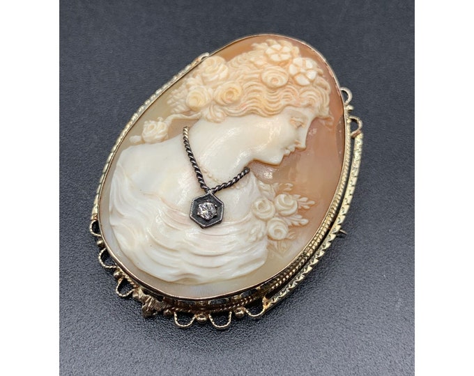 Featured listing image: 14K Gold Cameo With Diamond Lady Face Cameo Brooch And Pendant Carved Shell Genuine  Art Deco Older Cameo With Diamond Necklace