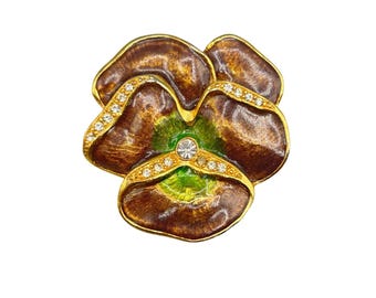 Pansy Flower Pin Brooch with Rhinestones & Enamel Finish Floral Jewelry