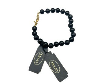 Vintage Monet Black Beaded Bracelet With Gold Clasp 7.5 Inch