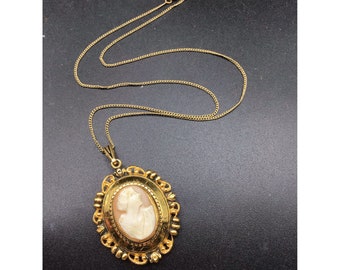 Vintage Carved Shell Cameo Locket Necklace Photo Holder Genuine Cameo Pendant