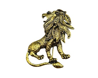 Vtg Lion Pin Brooch Antiqued Gold Color Textured Animal Figural Costume Jewelry