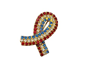 Vintage Patriotic Pin Brooch Red White Blue Rhinestone Ribbon