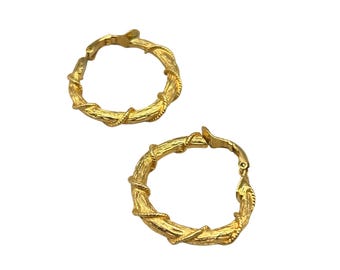 Vintage Clip On Hoop Earrings Gold Tone Textured Irregular Rope Design