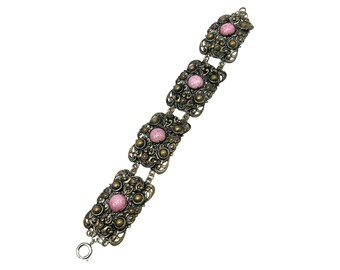 Vintage Filigree Bracelet Pink Glass Cabochons Panel Bracelet Brass Tone Metal