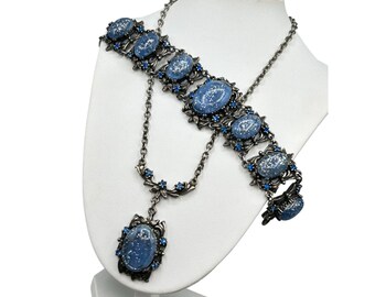 SELRO Style Necklace And Bracelet Set Silver Tone And Blue Confetti Lucite Cabochons